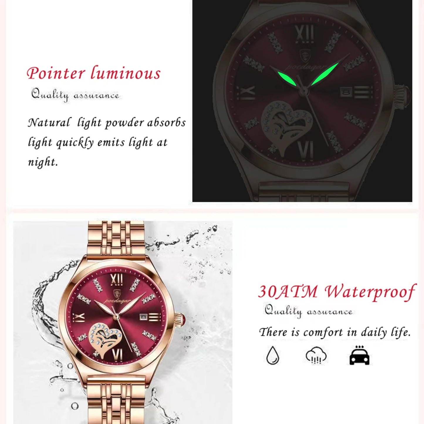 POEDAGAR Top Luxury Woman Watches Waterproof Luminous Date Stainless Steel Women's Quartz Wristwatch Elegant Dress Ladies Watch